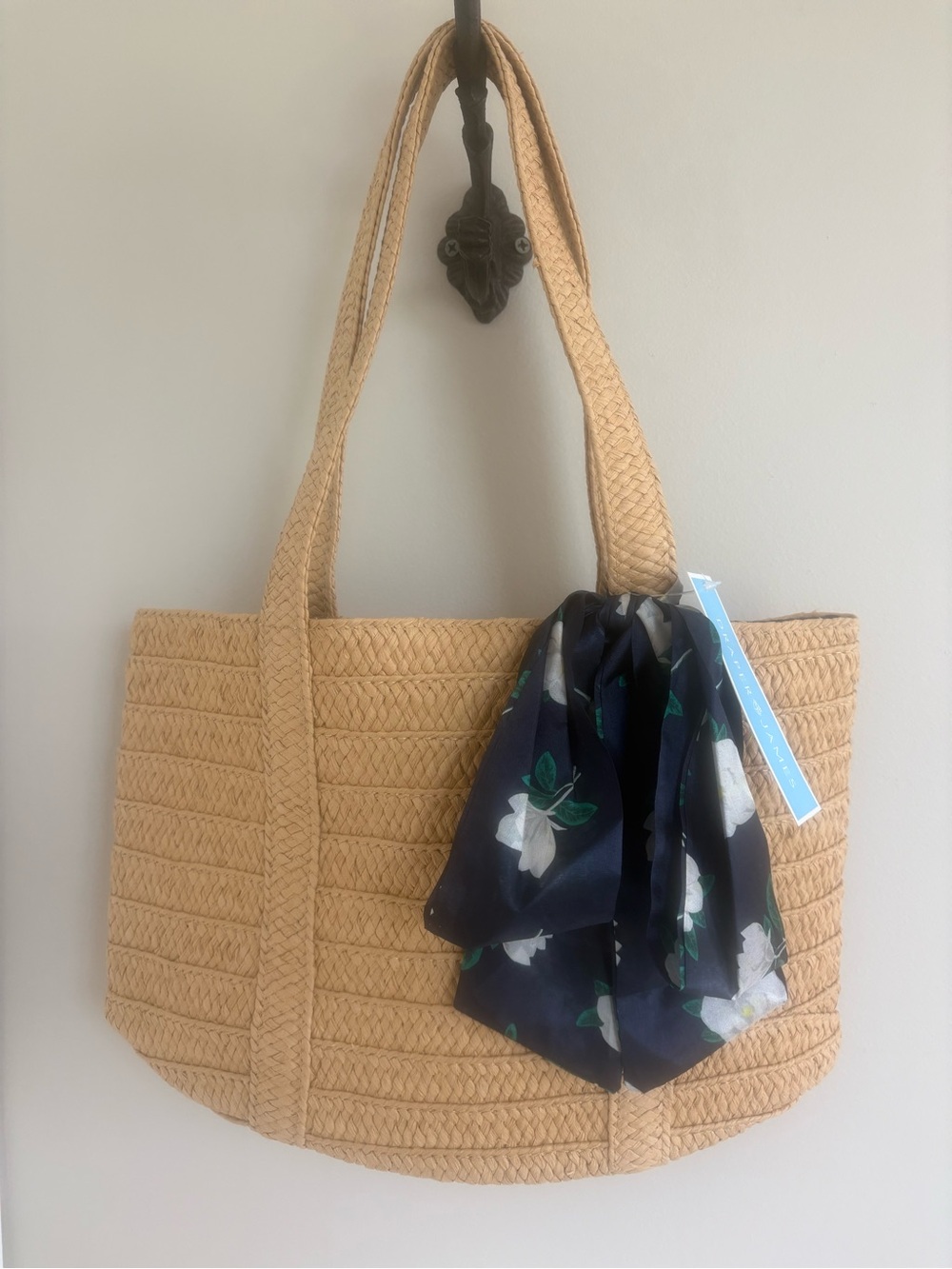 Draper James Everyday Straw Tote Bag with Navy Floral Scarf